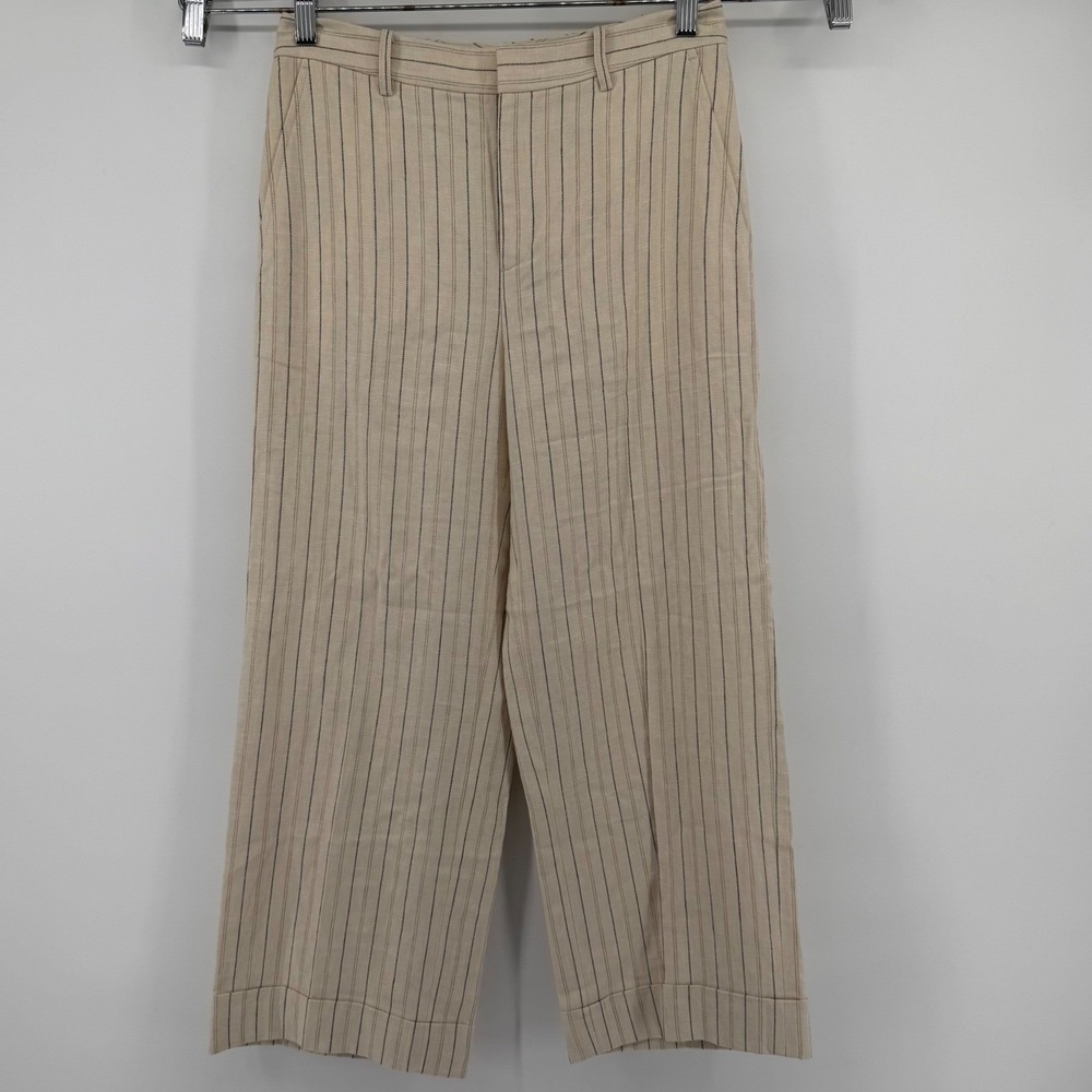 Lauren Ralph Lauren Pants Womens 2 Beige Pinstripe Linen Blend Wide Leg Trousers